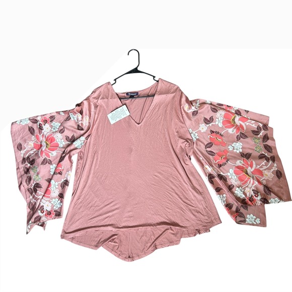 Roaman's Womens Fairy Core Top  Floral Bell Sleeve V Neck Pink Blouse Plus Size - Picture 1 of 4